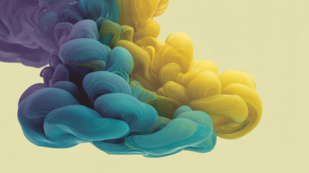 This mesmerizing image features vibrant swirls of blue, green, and yellow paint blending harmoniously. An abstract design perfect for backgrounds or artistic projects.の素材