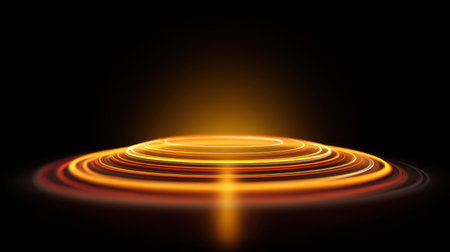 Explore an abstract light ripple effect featuring glowing rings against a dark background, ideal for modern graphic design and artistic applications emphasizing energy and movement.の素材