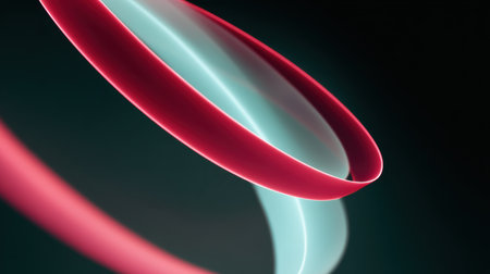 This image showcases dynamic swirling shapes in vibrant red and aqua tones against a dark background, perfect for artistic and modern design projects.の素材