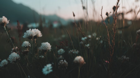 A peaceful landscape showcasing delicate wildflowers against a backdrop of mountains and grass, bathed in the soft light of dusk, creating a tranquil atmosphere.の素材