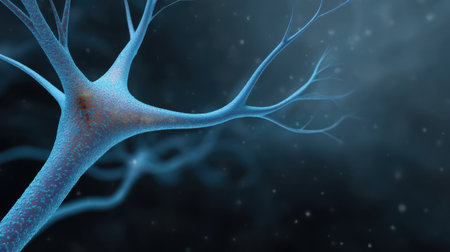 This artistic representation of a neuron features intricate branches and a glowing blue hue, set against a dark background that evokes neural connections and communication.の素材