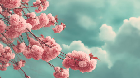 This stunning image captures soft pink blossoms gracefully draping from a delicate branch, set against a dreamy pastel sky filled with gentle clouds. Perfect for spring themes.の素材