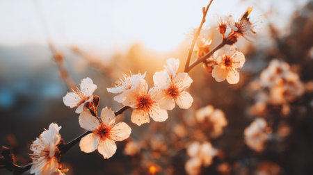 A stunning close-up of cherry blossoms illuminated by soft golden sunlight during spring, capturing the essence of renewal and beauty in nature's embrace.の素材
