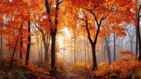 A breathtaking autumn forest scene showcasing vibrant orange leaves illuminated by soft morning light. Mist mingles with trees, creating a tranquil and magical atmosphere.の素材