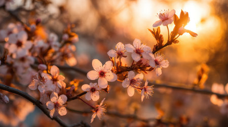 Stunning cherry blossom flowers basking in the warm glow of sunset, showcasing natureの素材