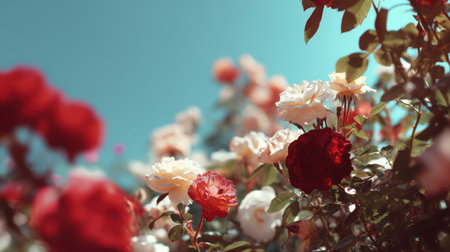 Discover a stunning close-up of vibrant roses blooming against a clear blue sky, celebrating nature's beauty in a colorful garden setting with lush greenery.の素材