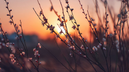 Stunning image of delicate blossoms silhouetted against a vibrant sunset, capturing the essence of spring and the beauty of nature's changing seasons.の素材