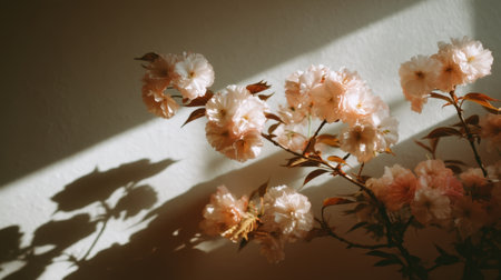 A beautiful arrangement of delicate blossoms is softly illuminated by natural light, casting gentle shadows, creating a serene and tranquil atmosphere for any space.の素材