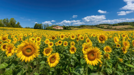 A stunning panorama showcasing a vibrant sunflower field in the countryside. Bright yellow blooms are set against a clear blue sky and lush greenery, creating a serene landscape.の素材