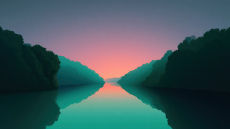 A tranquil landscape features a calm river bordered by lush trees, reflecting a stunning gradient sky at dusk, offering a perfect escape into nature's serenity.の素材