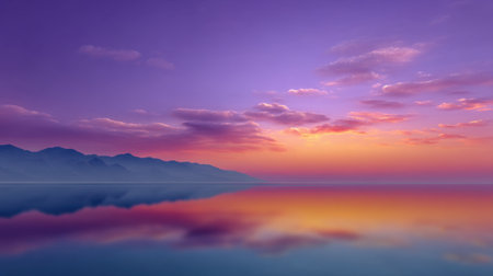 A breathtaking scene of a serene sunset over still water, showcasing vibrant colors reflecting on the surface, complemented by mountains and a tranquil sky.の素材