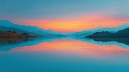 A breathtaking view of a tranquil lake at dusk, surrounded by soft mountain silhouettes. The serene waters reflect vibrant colors, creating a peaceful atmosphere.の素材