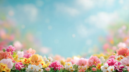 A captivating arrangement of vibrant flowers in shades of pink, white, and yellow against a soft blue background, creating a serene and cheerful atmosphere ideal for various projects.の素材