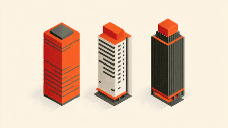 This striking digital illustration showcases three modern buildings, each with unique architectural features and vibrant colors. Perfect for creative projects.の素材