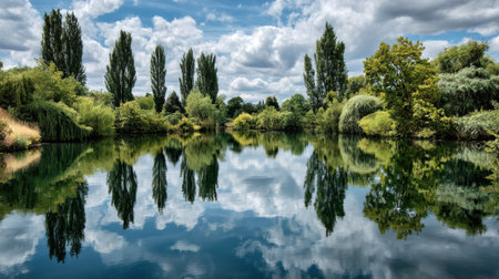 A tranquil lake perfectly mirrors the lush greenery and dramatic cloud patterns above, creating a serene and picturesque outdoor scene ideal for relaxation and contemplation.の素材