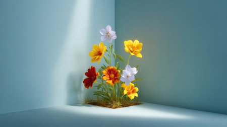 A stunning arrangement of bright flowers in a corner, illuminated by soft light, creates a serene and captivating atmosphere perfect for any interior setting.の素材