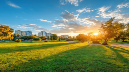 A captivating view of a sunset illuminating a lush green park, with modern city buildings in the background. Perfect for showcasing urban nature harmony.の素材