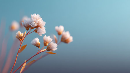 A serene and ethereal scene featuring delicate white flowers set against a soft blue background, perfect for themes of peace, nature, and minimalistic beauty.の素材