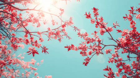 A stunning display of cherry blossoms in full bloom, framed by branches against a bright, clear sky. Sunlight creates a warm, serene atmosphere perfect for spring.の素材