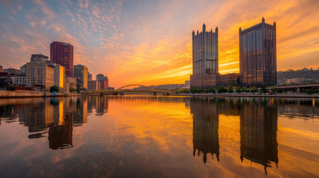 A captivating sunset over the Pittsburgh skyline showcases vibrant colors and dramatic cloud formations reflected in the calm river water, creating a serene atmosphere.の素材