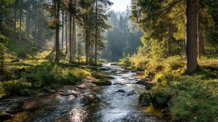 A tranquil stream flows through a vibrant forest, illuminated by soft morning light. The scene captures nature's beauty, offering a peaceful retreat into the wilderness.の素材