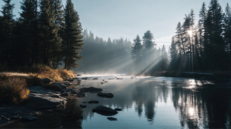 A peaceful river flows through a misty forest, bathed in soft morning light. The tranquil scene captures the beauty of nature, inviting reflection and rejuvenation.の素材
