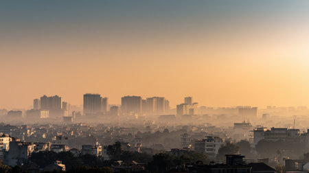 A serene urban skyline captured at sunrise, showcasing hazy buildings and a tranquil atmosphere that highlights the beauty of city life in the early morning.の素材