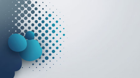 This abstract design showcases a modern blend of blue circles and dotted patterns against a soft gray backdrop, perfect for creative and digital projects.の素材