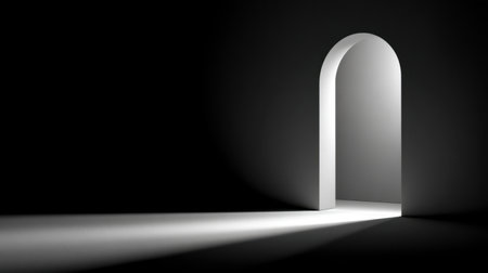 A striking minimalist image of an open door with a gentle light spilling onto the floor, set against a dark background. This scene symbolizes mystery and opportunity.の素材