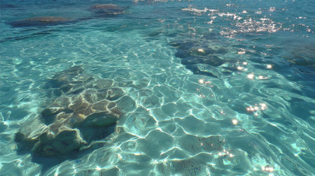 Experience the serene beauty of crystal clear water showcasing vibrant rocks beneath a sunlit surface, reflecting sparkling highlights in this tropical paradise.の素材