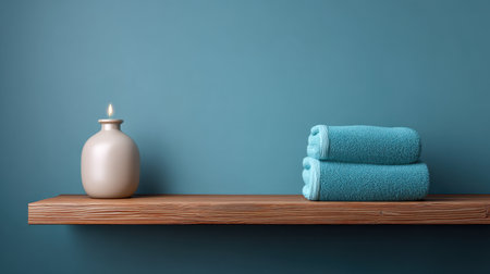 A serene spa-like scene featuring neatly stacked soft towels beside a glowing candle on a wooden shelf against a calming blue wall, ideal for relaxation.の素材