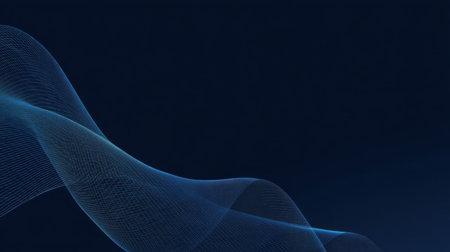 This abstract image features flowing blue waves against a dark background. The design conveys a sense of motion and technology, ideal for digital projects and modern art.の素材