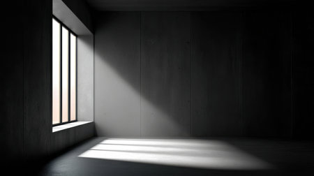 A serene interior showcasing a minimalist design with natural light illuminating the space through a large window, casting beautiful shadows on concrete surfaces.の素材