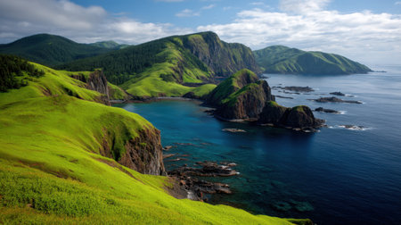 This breathtaking coastal landscape features vibrant green hills adjacent to calm turquoise waters, showcasing nature's beauty under a bright blue sky, perfect for relaxation.の素材