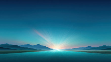 A stunning view of a serene sunrise illuminating calm waters, with mountains and soft rays of light creating a tranquil and soothing atmosphere perfect for relaxation.の素材