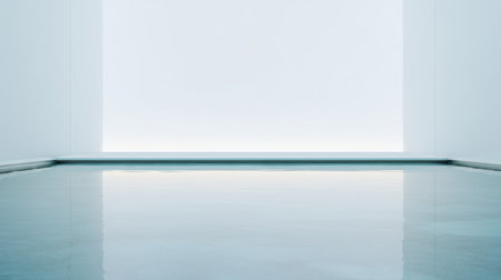 This minimalist indoor space features a calm water surface reflecting soft light, creating a serene ambiance perfect for artistic and contemporary design inspiration.の素材