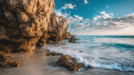 Discover a stunning beach scene featuring golden rocks, gentle waves, and a vibrant sky filled with clouds at sunset, evoking peace and natural beauty.の素材