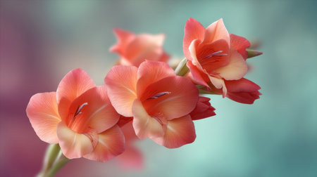 This image showcases the exquisite bloom of gladiolus flowers in soft pastel tones, set against a dreamy background that emphasizes their delicate beauty.の素材