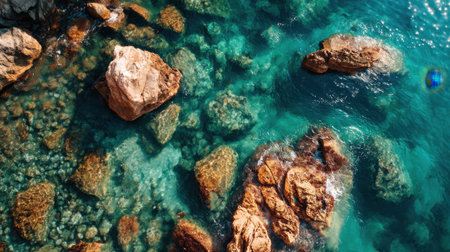 A breathtaking aerial view capturing a rocky coastline with crystal-clear turquoise waters revealing intricate underwater rock formations, perfect for coastal serenity.の素材