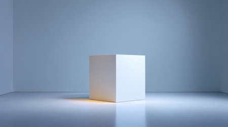 A white cube stands in a softly lit room, casting gentle shadows. The minimalist design exudes modern elegance, providing a versatile backdrop for artistic expression.の素材