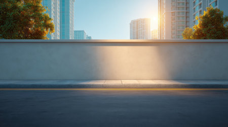 A peaceful urban scene featuring a clear sky at sunset, modern buildings, and a concrete wall reflecting warm light, creating a serene atmosphere in a city landscape.の素材