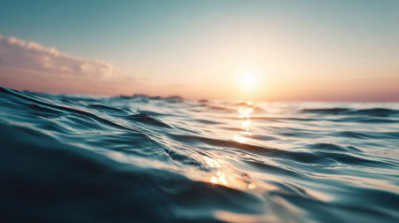 A tranquil scene showcasing gentle ocean waves at sunset. The soft ripples reflect warm light creating a serene atmosphere. Ideal for relaxation and nature themes.の素材