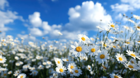 A stunning field of white daisies under a bright blue sky, dotted with fluffy clouds. This serene natural scene captures the essence of spring and tranquility.の素材