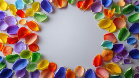 A stunning arrangement of colorful flower petals creates a vibrant circular frame on a white background, perfect for artistic and floral design applications.の素材