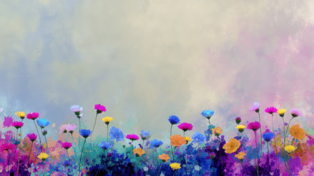 A vibrant abstract floral landscape featuring colorful flowers in various hues against a soft ethereal background, perfect for creative projects and design inspiration.の素材
