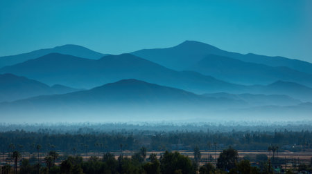 Captivating scene showcasing blue mountains under a clear sky, with gentle mist enhancing the peaceful atmosphere over a lush valley, perfect for nature lovers.の素材
