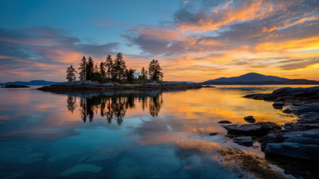 Captivating sunset view over a tranquil island with vibrant colors reflected in calm waters. This serene landscape invites exploration and appreciation of nature's beauty.の素材
