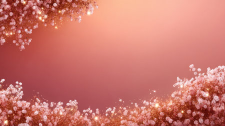 This beautiful pink background features delicate flowers and sparkling lights, creating a romantic and dreamy atmosphere ideal for designs or projects.の素材