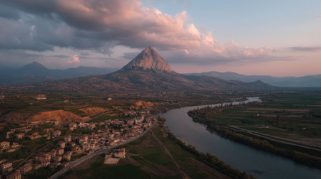 A breathtaking view of a majestic mountain reflecting in a serene river, with a charming village nestled below. This peaceful landscape captures the beauty of nature at dusk.の素材
