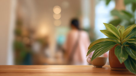 A serene indoor scene showcasing a lush potted plant on a wooden table, with a softly blurred cafの素材